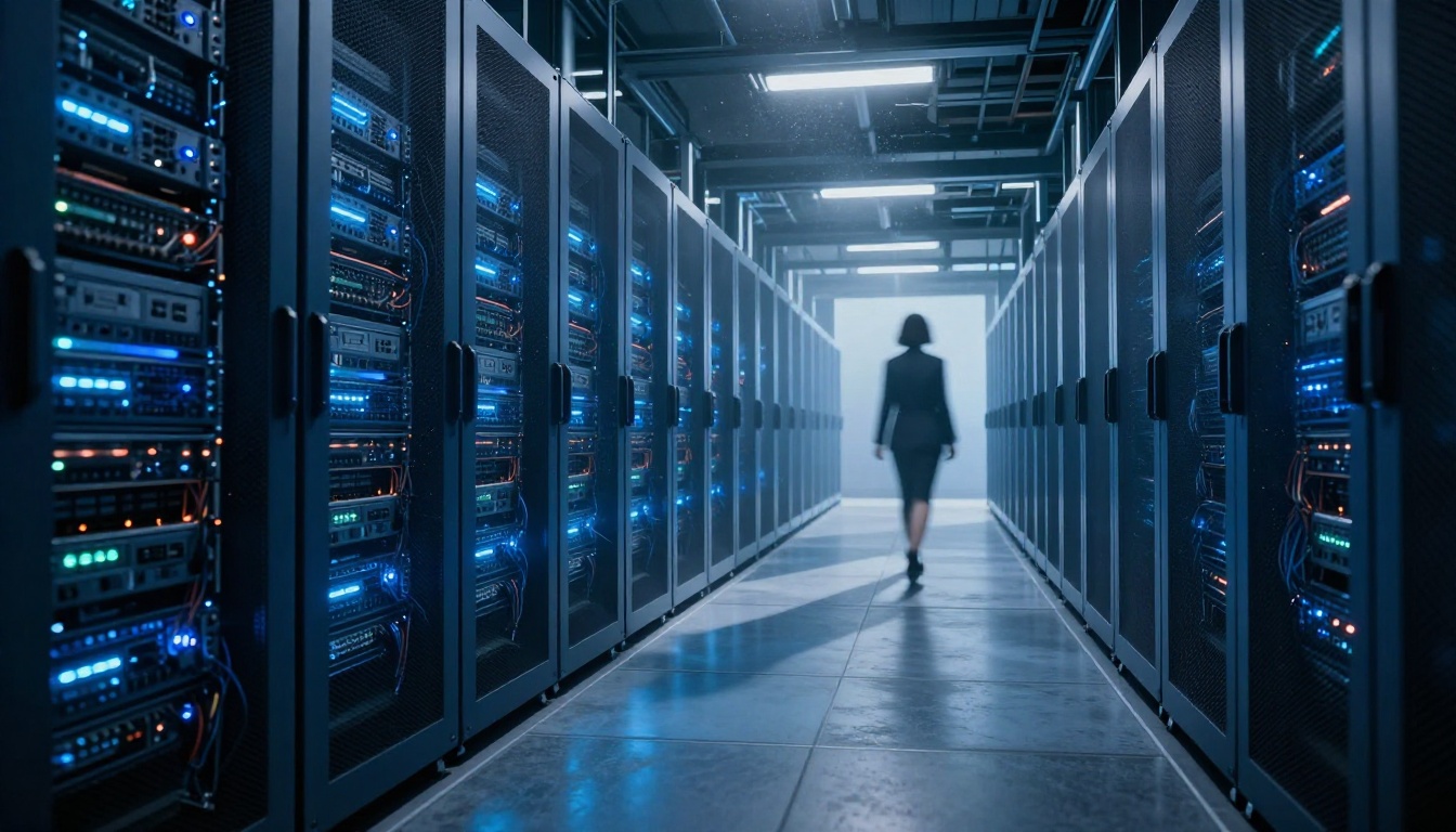 Modern AI data center corridor with illuminated server racks