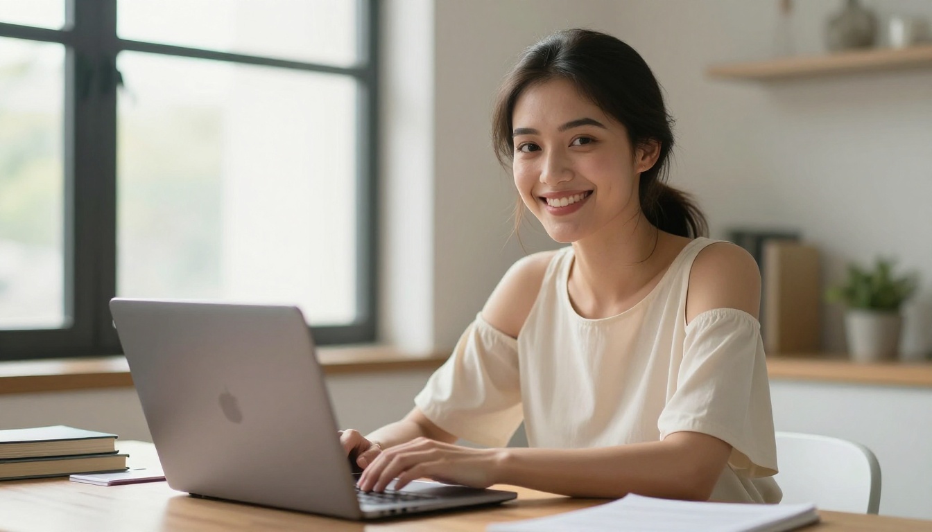 Confident creative woman at a modern desk ready to produce AI video content