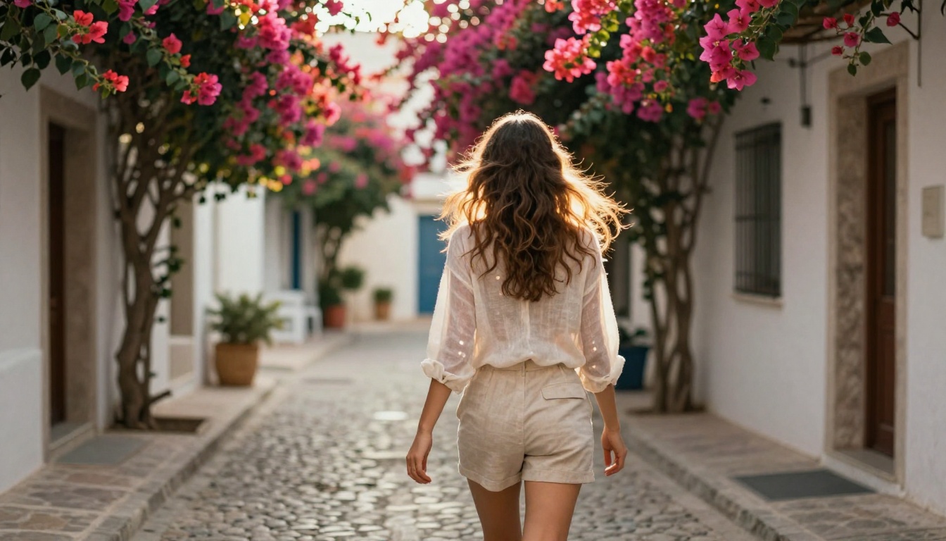 Woman walking through Mediterranean alley with flowers