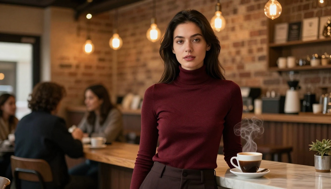 Stylish woman with dark hair in warm coffee shop