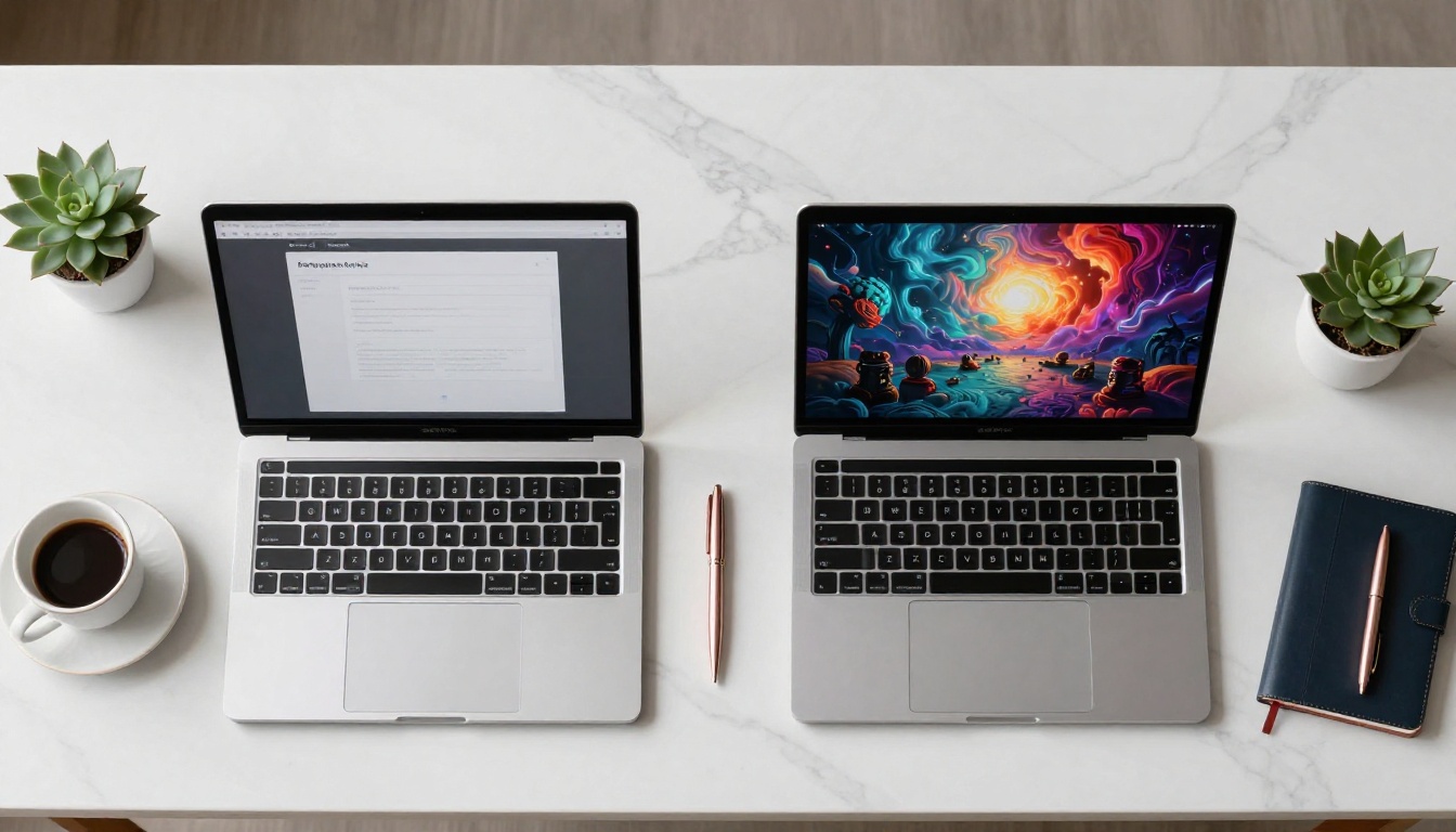 Overhead flat lay of two laptops showing restricted vs unrestricted AI outputs