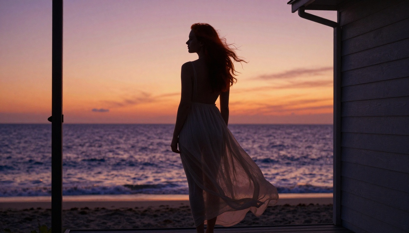 Redhead woman in backlit silhouette at beach house doorway during vivid sunset