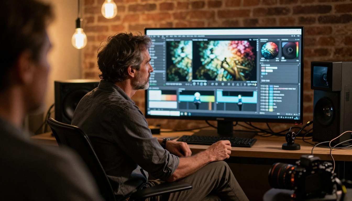 Photographer reviewing AI-generated imagery on a large studio monitor