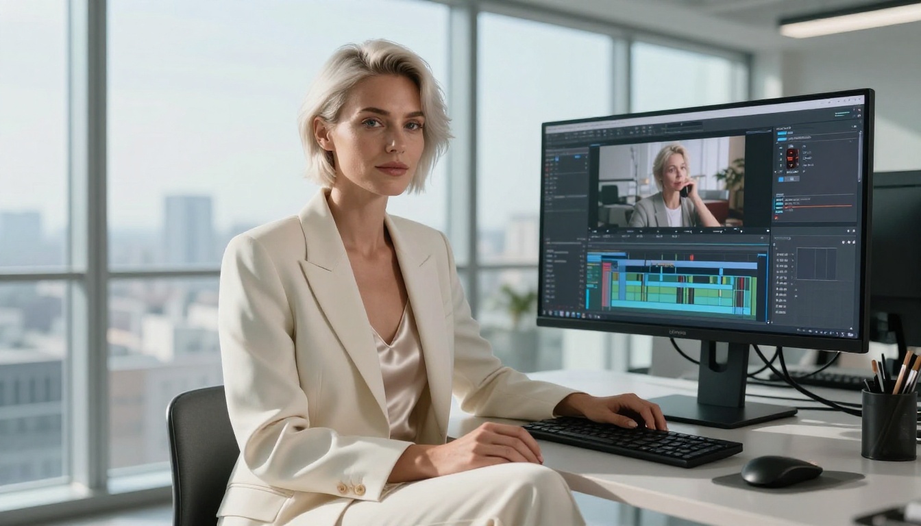 Confident woman with platinum hair at video editing workspace