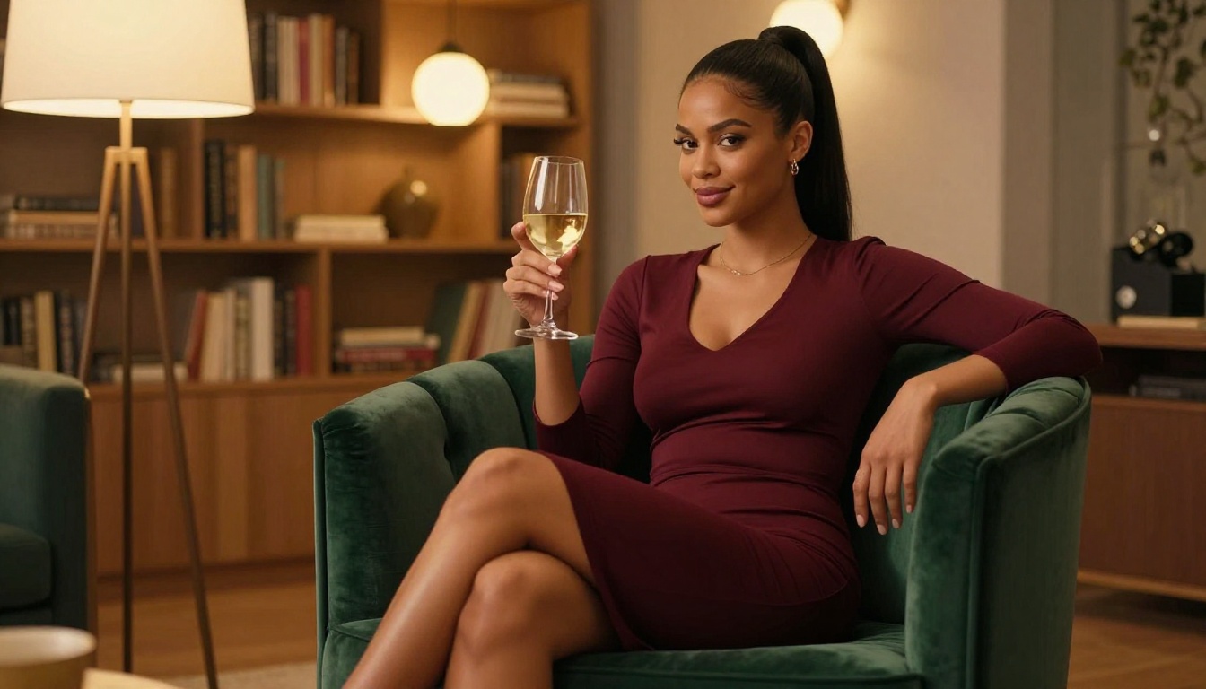 Woman in burgundy dress seated in an emerald velvet chair