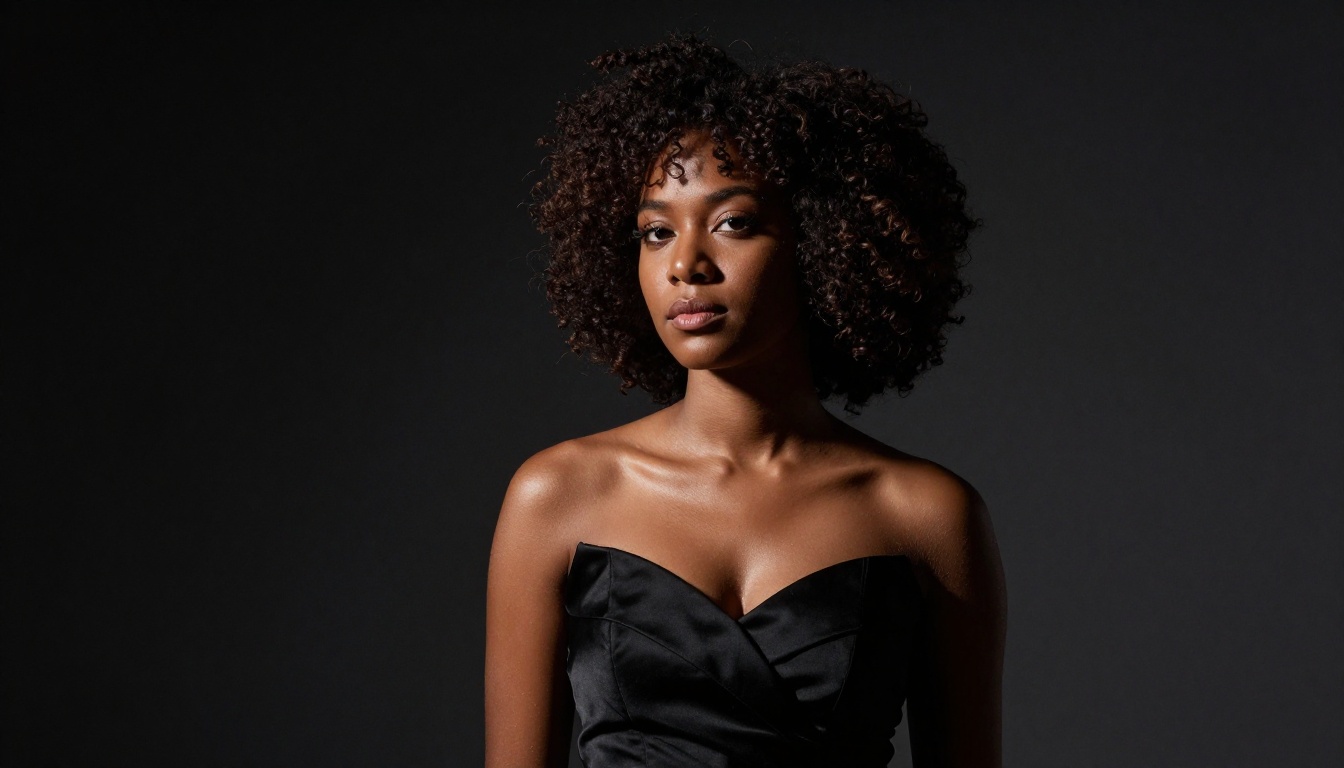 Dramatic chiaroscuro portrait of a woman in a strapless black gown
