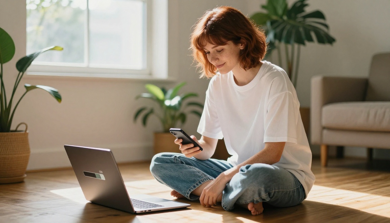 Creator checking generation results with satisfied expression at laptop
