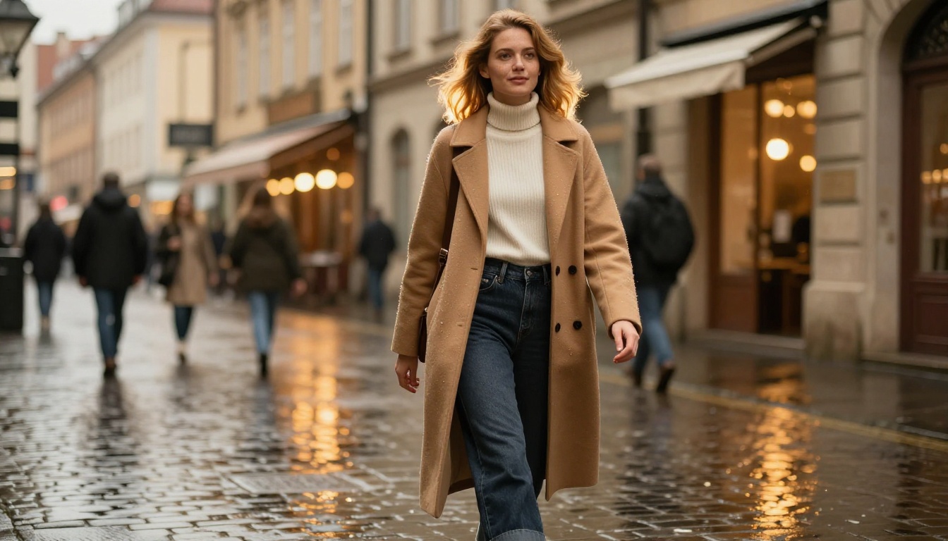 Stylish woman walking on a rain-wet European cobblestone street at dusk
