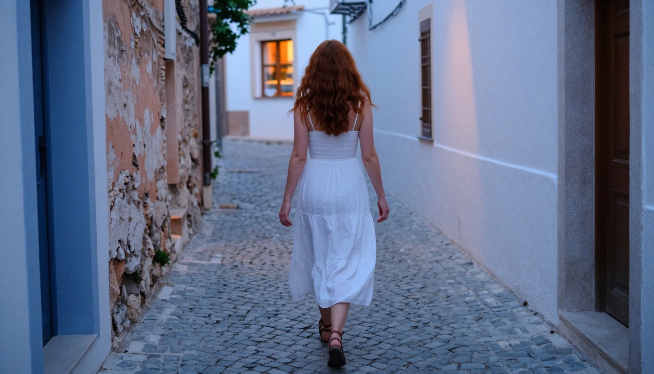 Woman with wavy auburn hair walking through a Mediterranean cobblestone alley at dawn