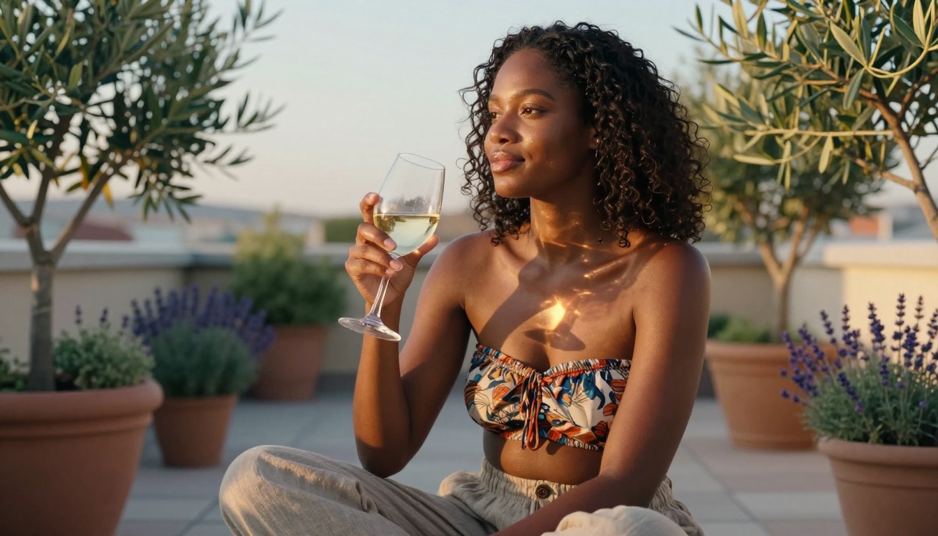 Dark-skinned woman with natural coiled hair on rooftop terrace garden at golden hour