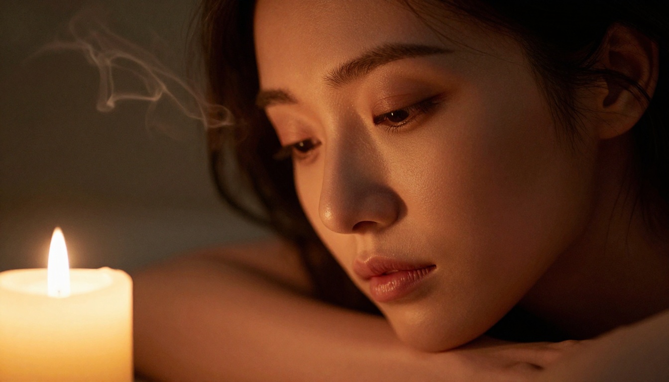 Close-up portrait of woman with warm candlelit ambience and soft amber lighting