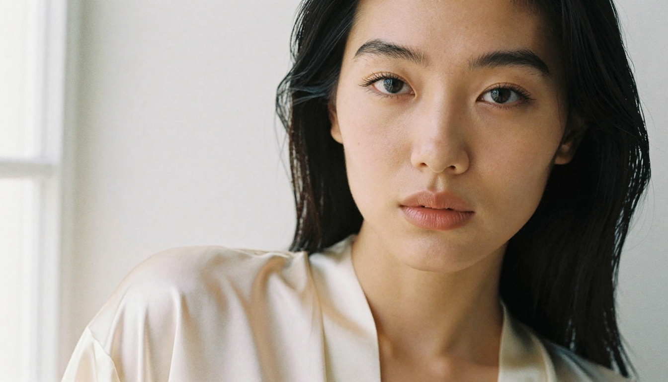 Close-up portrait of an Asian woman in a cream silk robe, soft diffused studio lighting, high-fashion editorial style