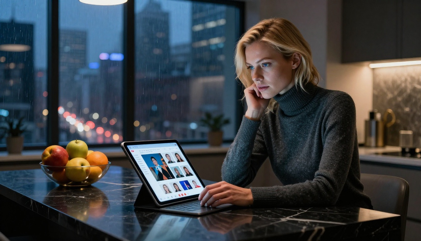 Creator at night analyzing content platforms and AI generation tools for video production