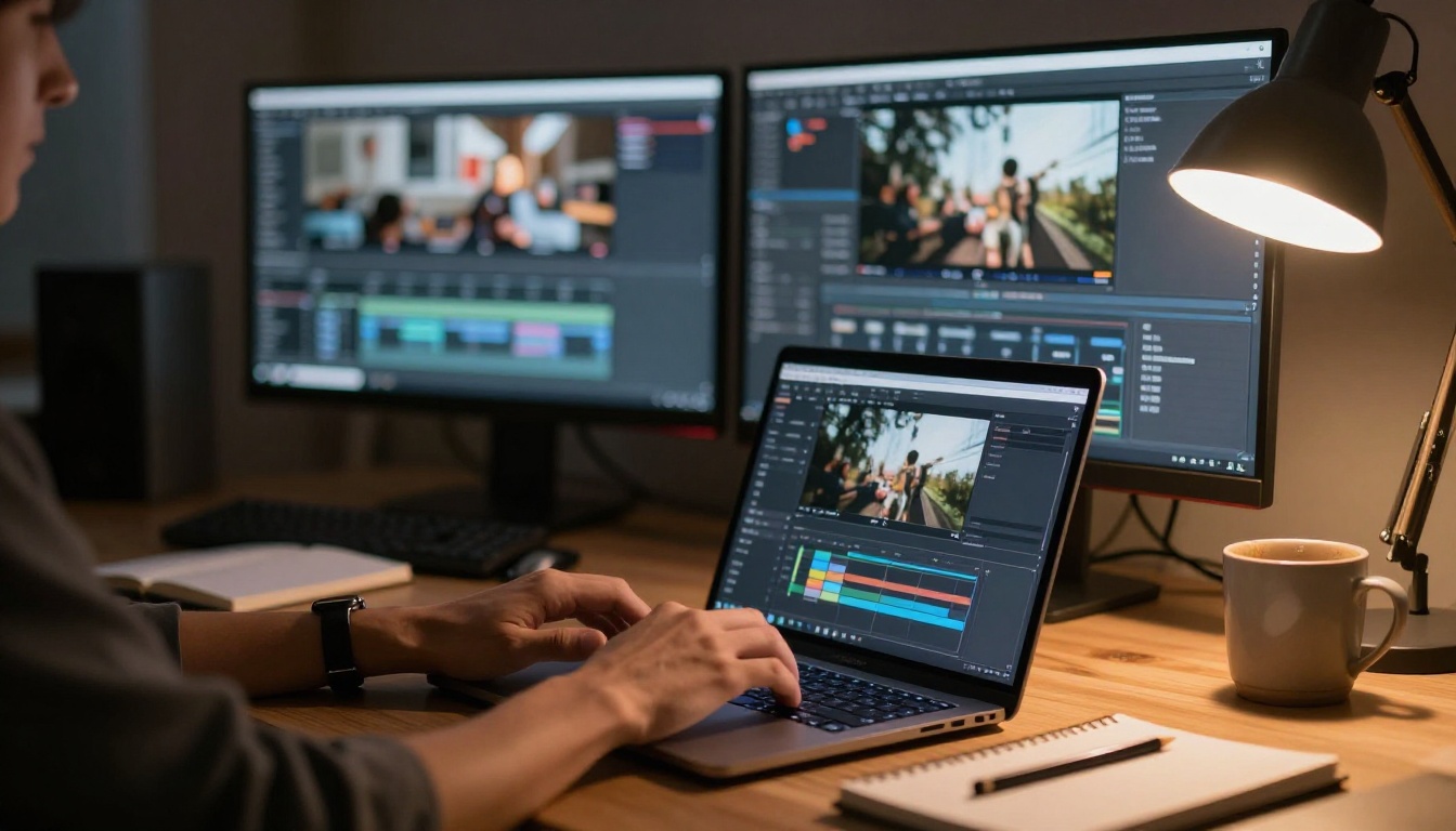 Creative professional workspace with laptop and multiple screens showing video editing timelines at night