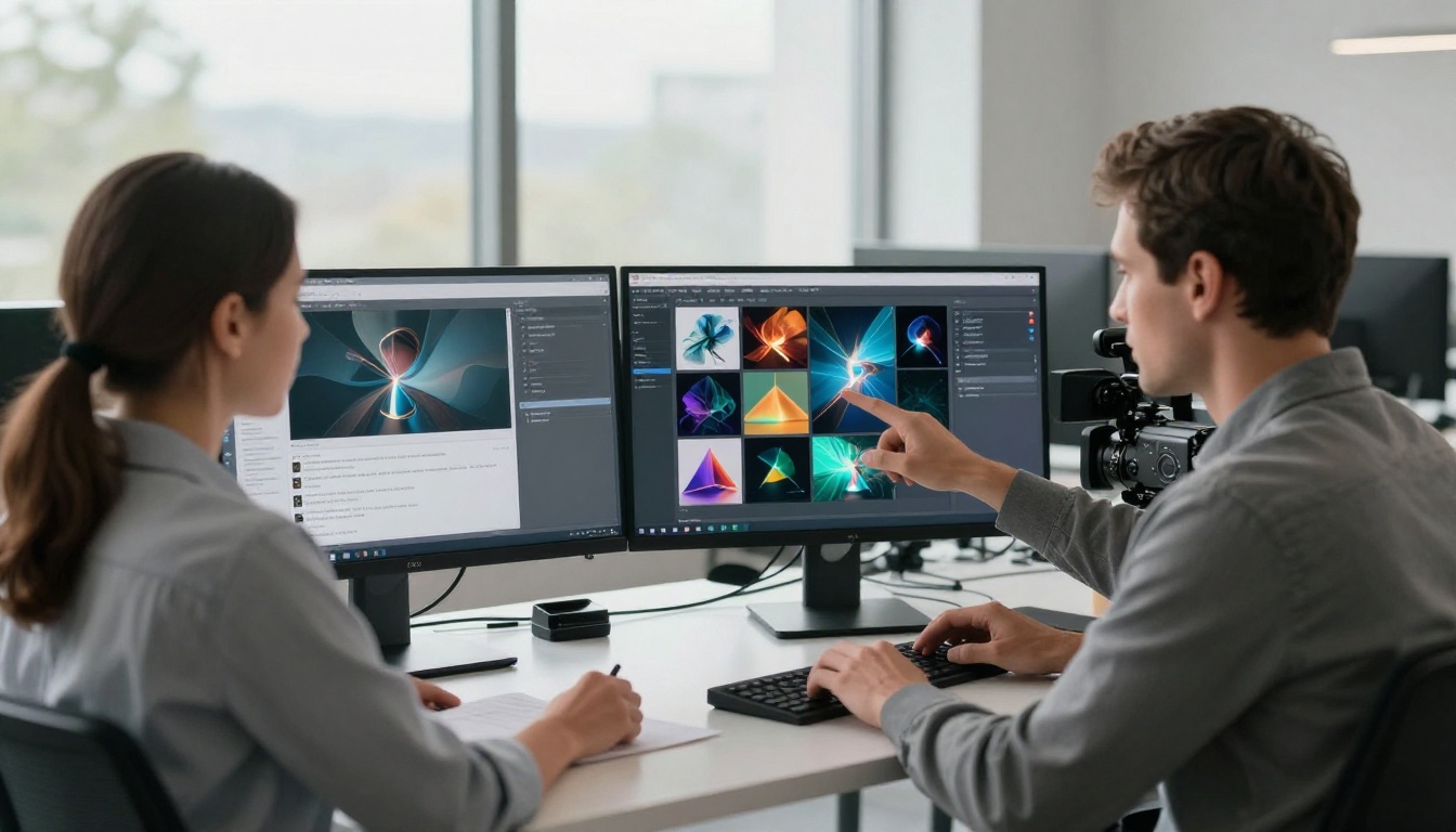 Man and woman reviewing AI image generation interfaces on multiple monitors in a bright Scandinavian studio
