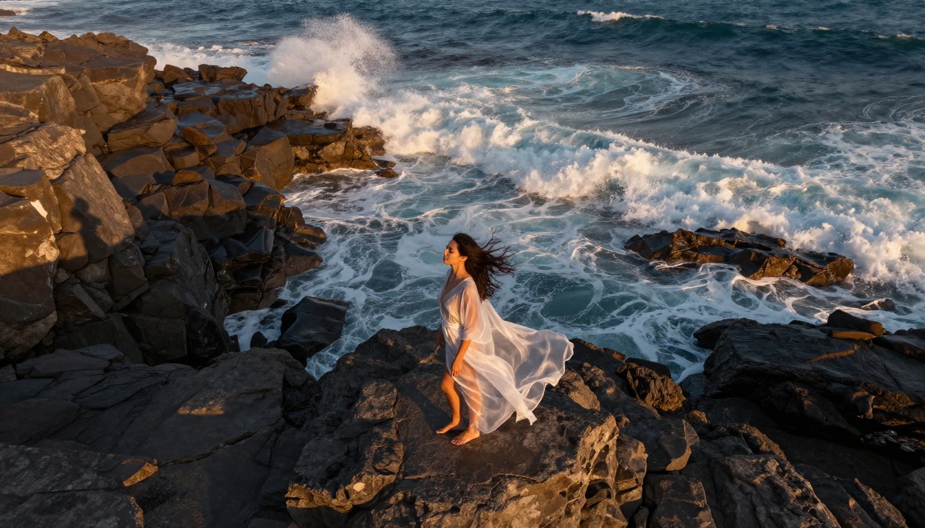 Woman in transparent beach kaftan on coastal cliffs with ocean crashing below, aerial perspective