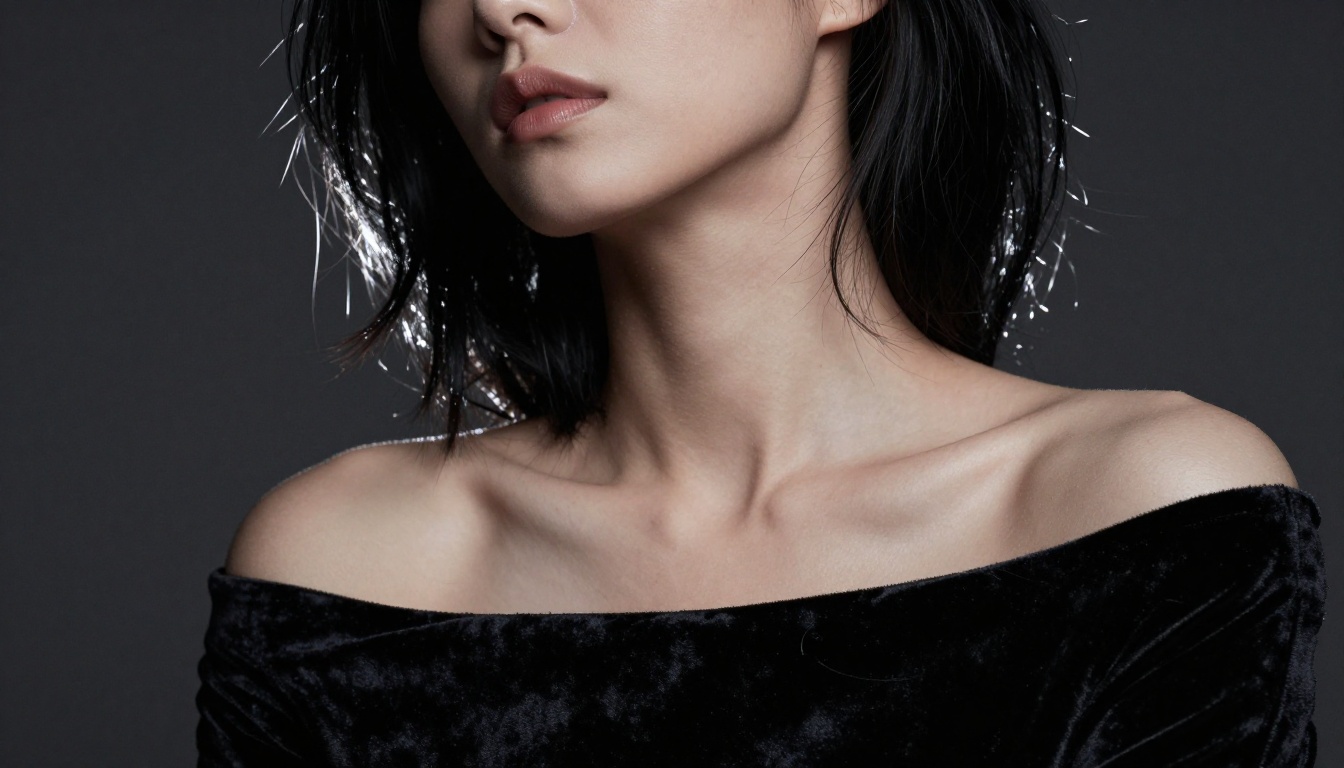 Mysterious woman in black velvet with dramatic rim light, extreme close-up portrait with silver highlights