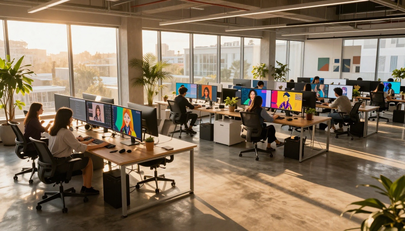 Modern AI creative agency workspace with designers working on AI-generated content