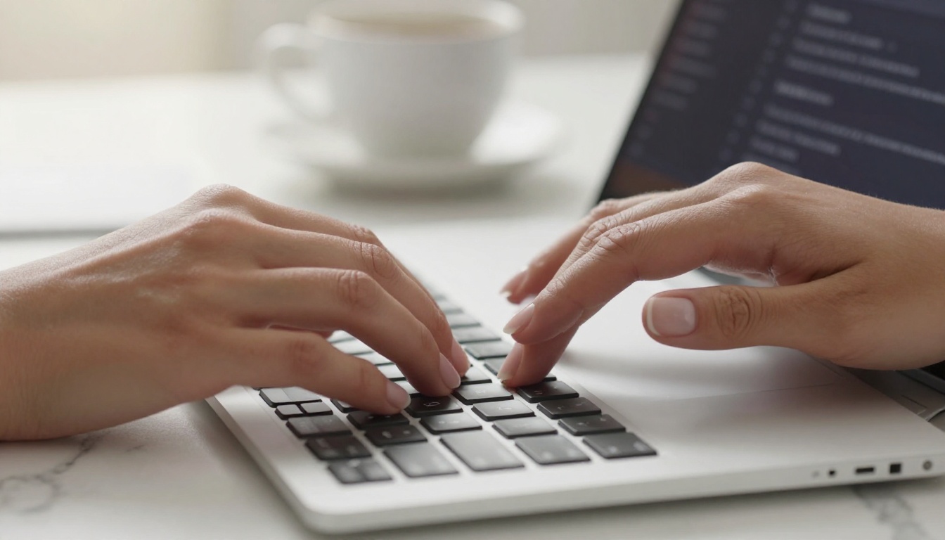Close-up of hands typing a creative AI prompt on a keyboard