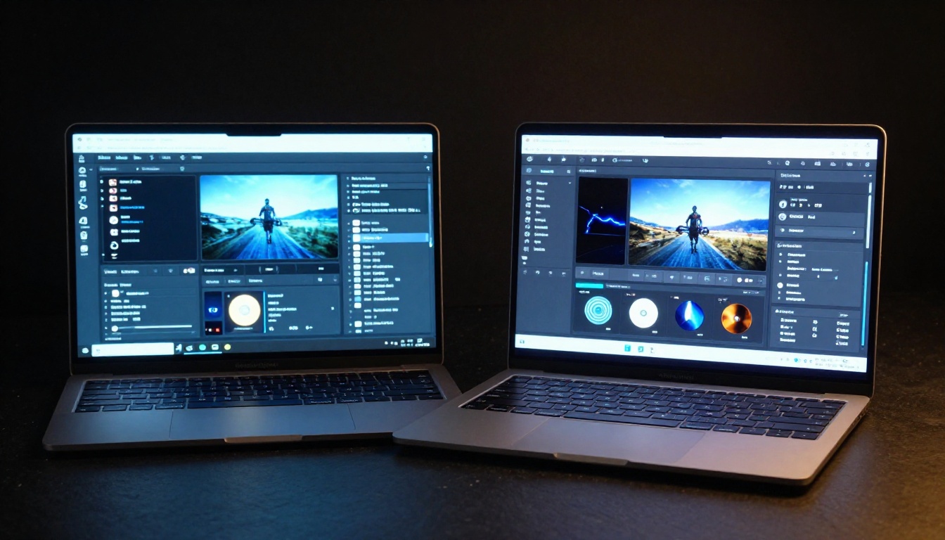 Two AI video platform screens side by side on a dark surface