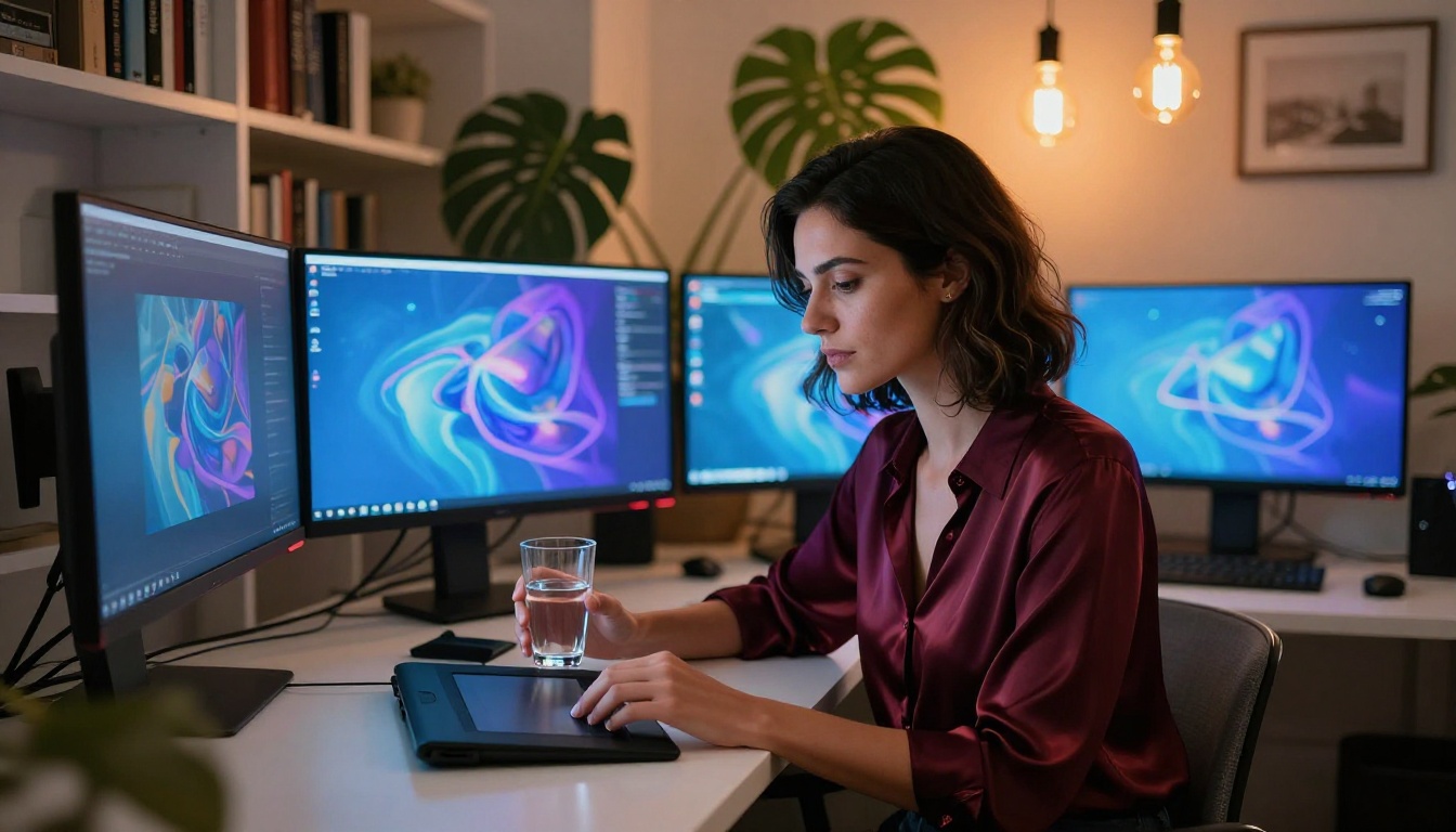 Woman creating AI art on dual monitor creative setup