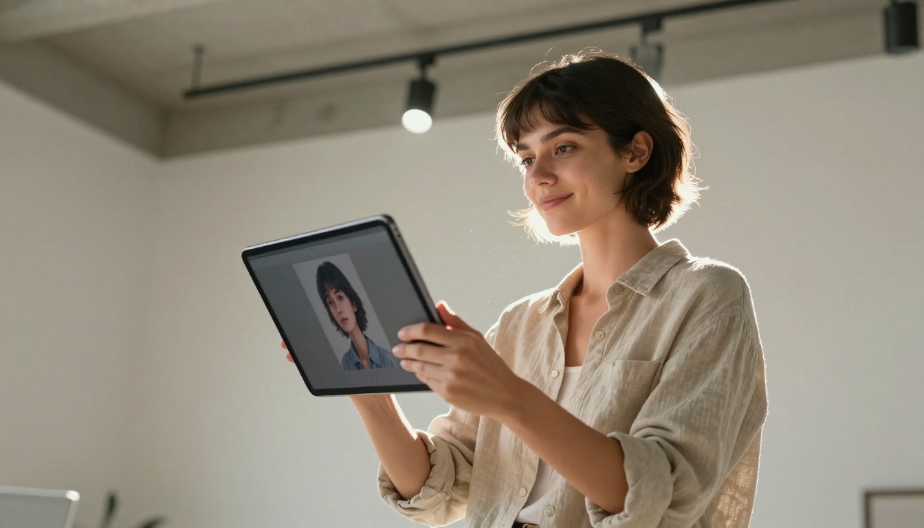 Woman holding a digital tablet displaying AI-generated portraits in a creative studio