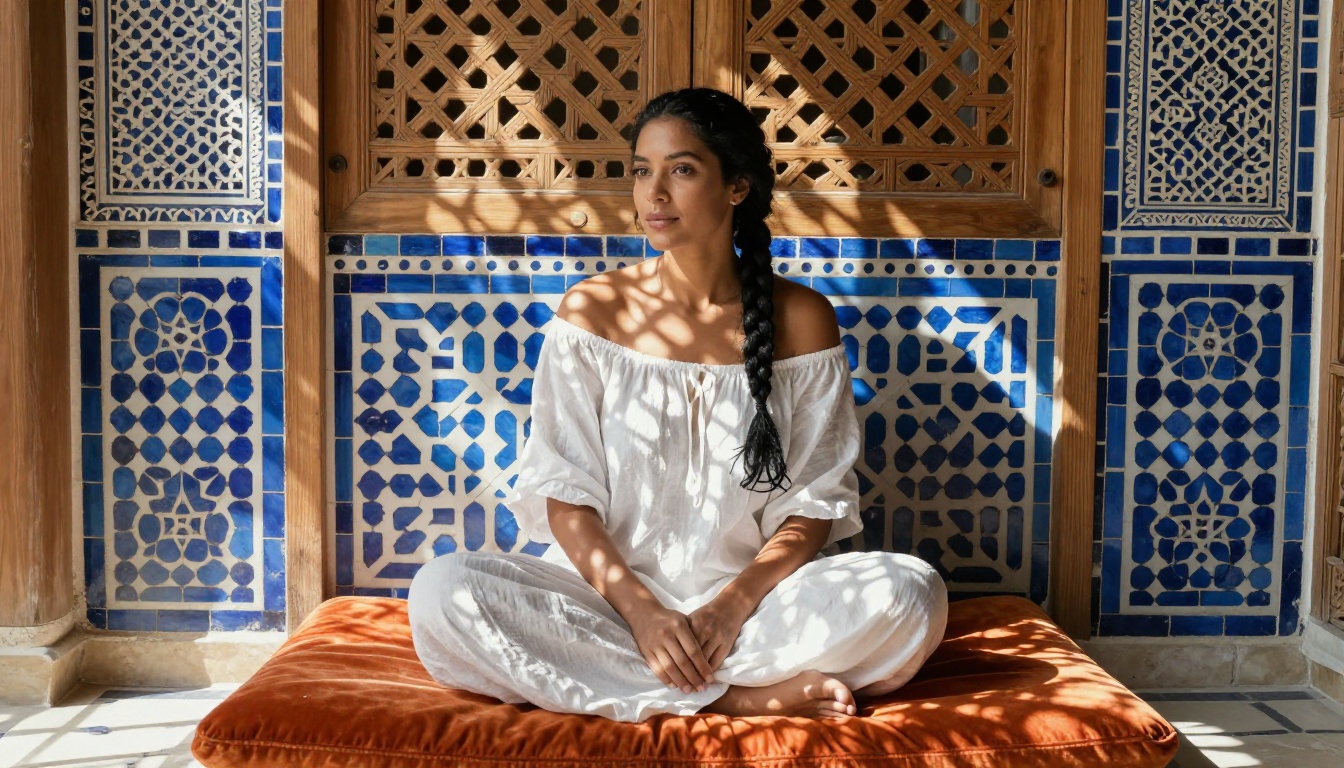 Moroccan riad interior natural light portrait