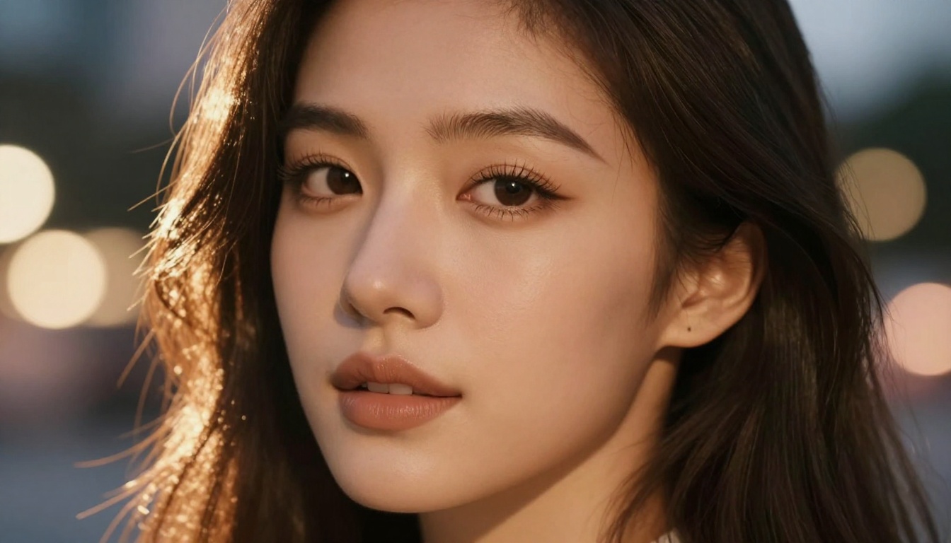 Close-up beauty portrait with rim lighting and bokeh city lights