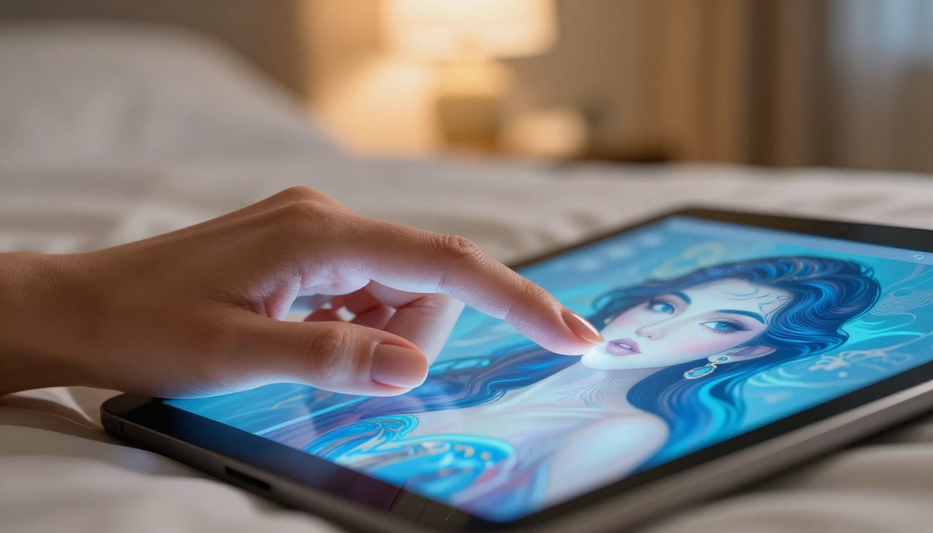 Close-up AI art browsing on illuminated tablet