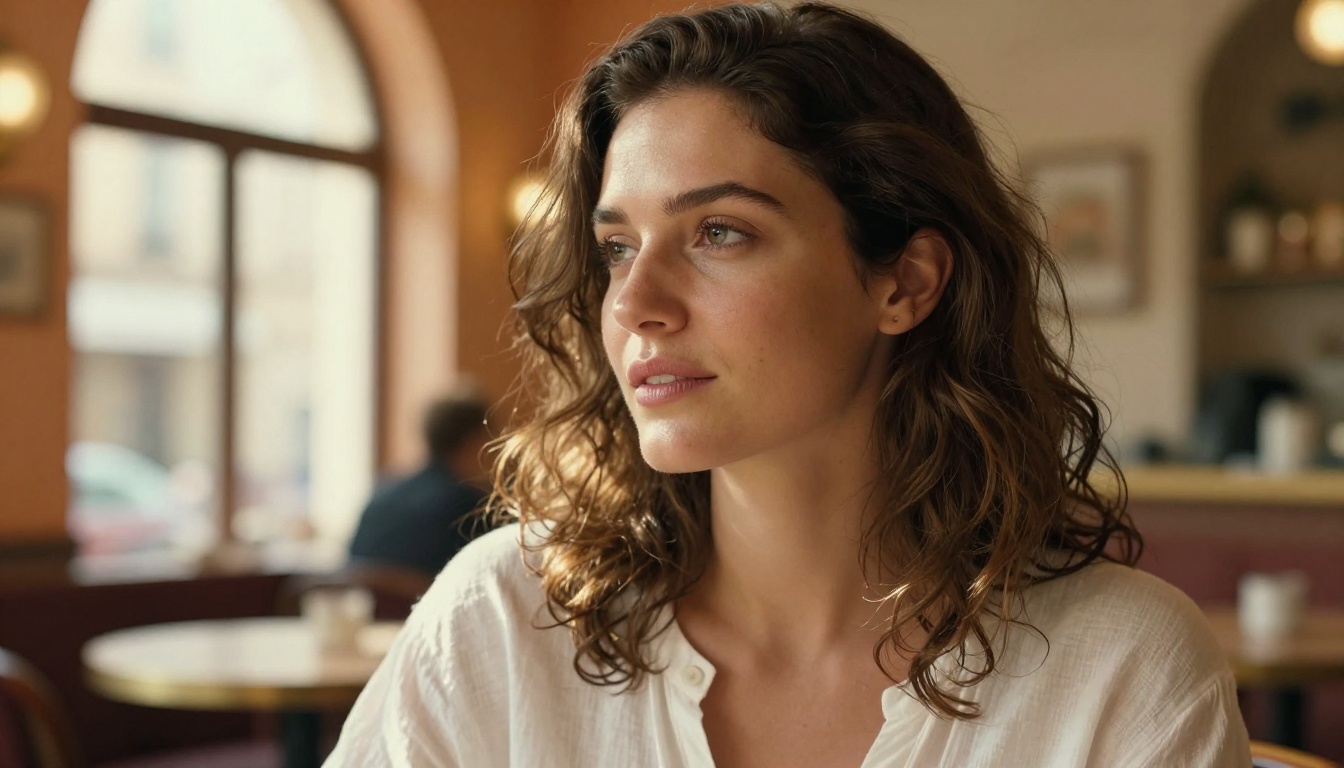 Natural beauty portrait of a woman in warm golden cafe light