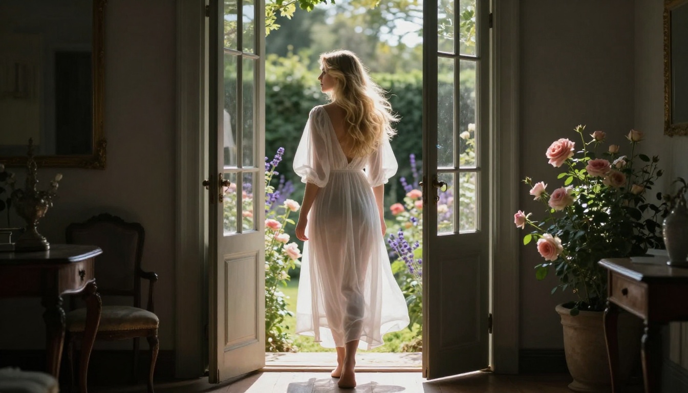 Sheer white dress natural light threshold portrait