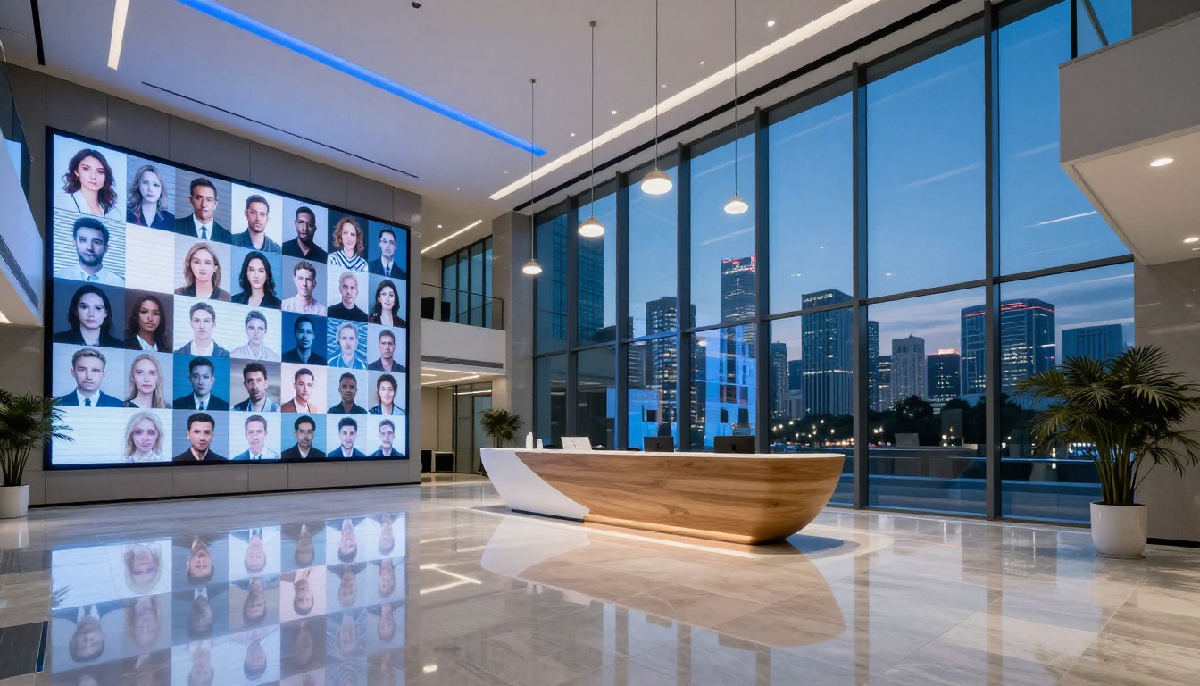 Sleek modern AI platform office lobby at dusk with screens displaying AI art galleries