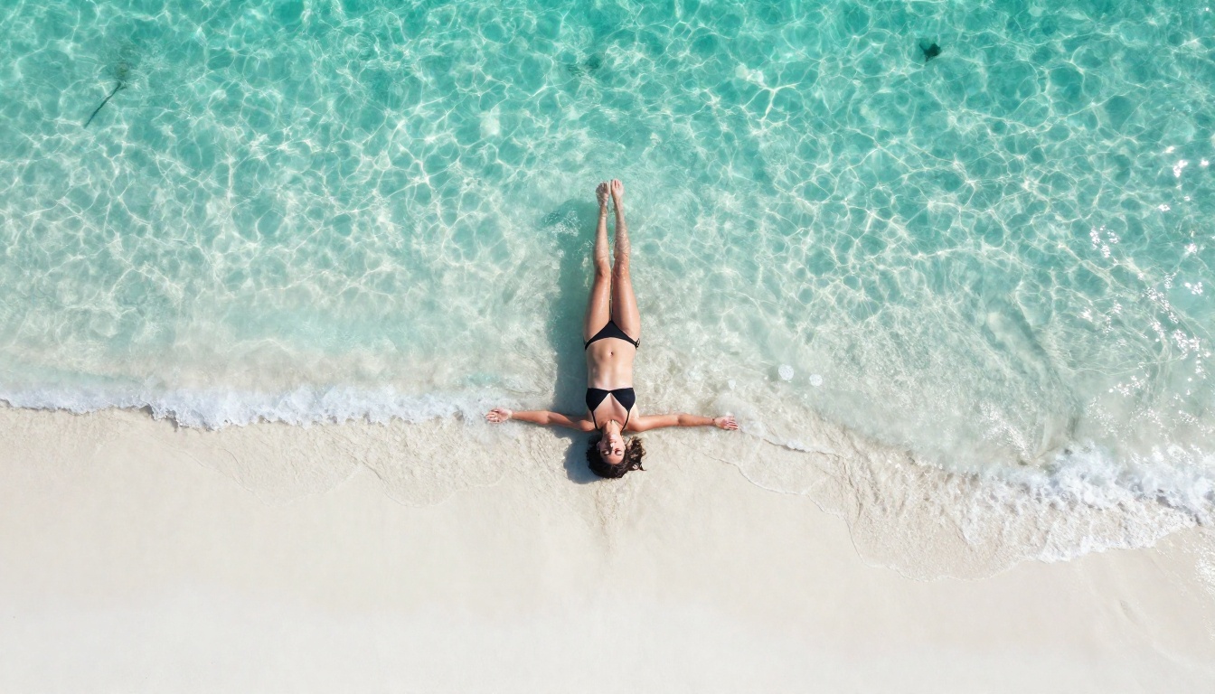 Aerial drone shot of woman in black bikini on white sand beach with turquoise water