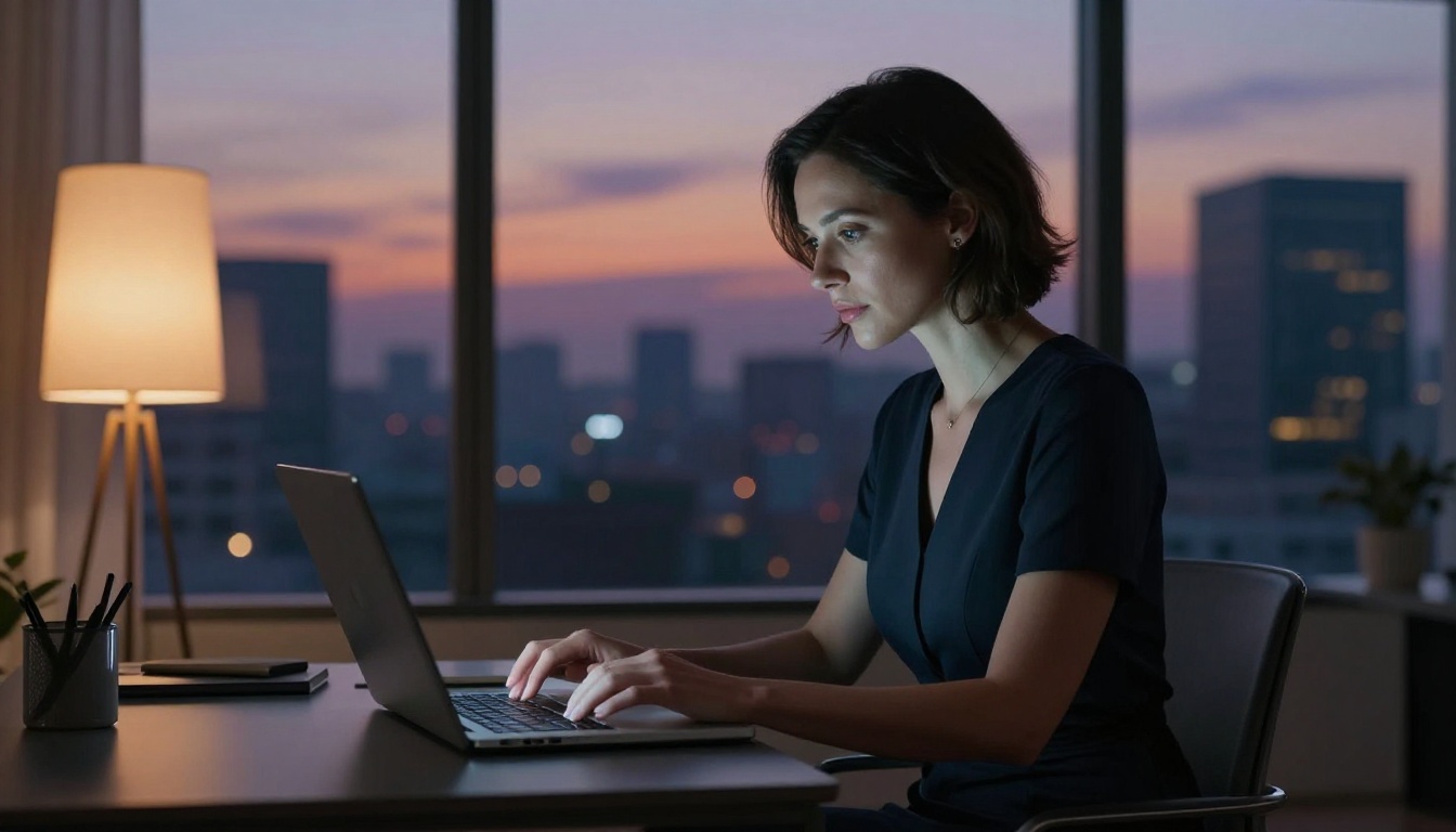 Woman in navy dress working at laptop in modern office at dusk