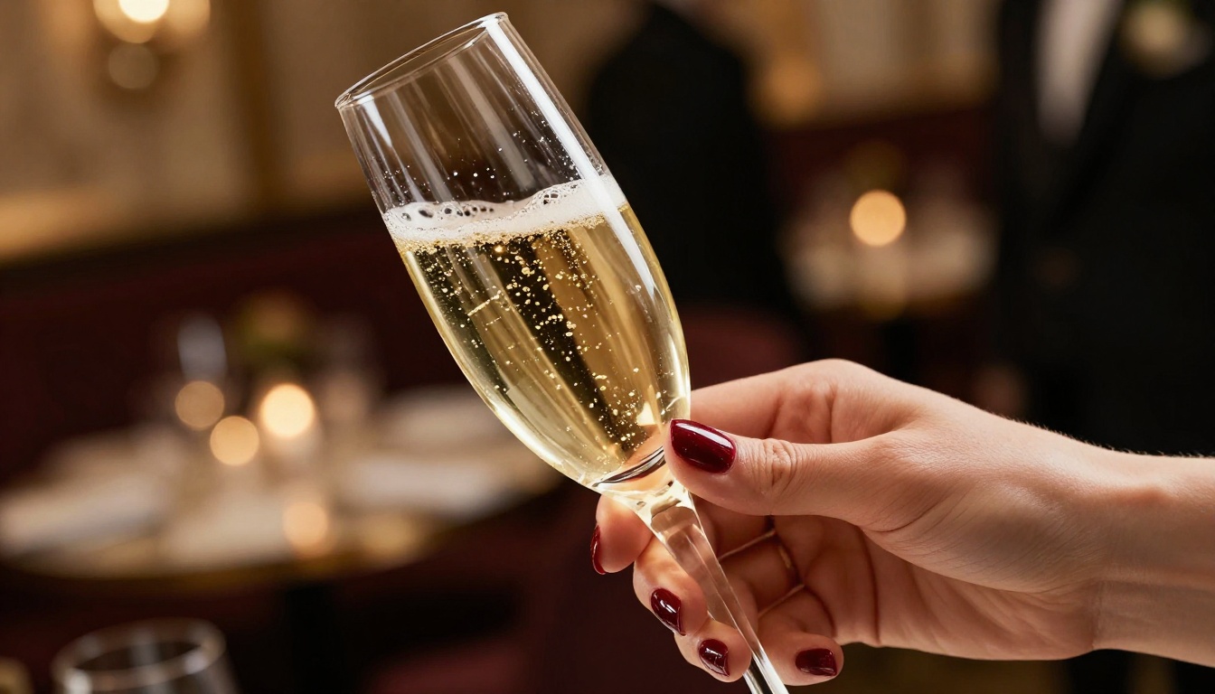 Close-up of hand holding crystal champagne glass with red nails and bokeh lights