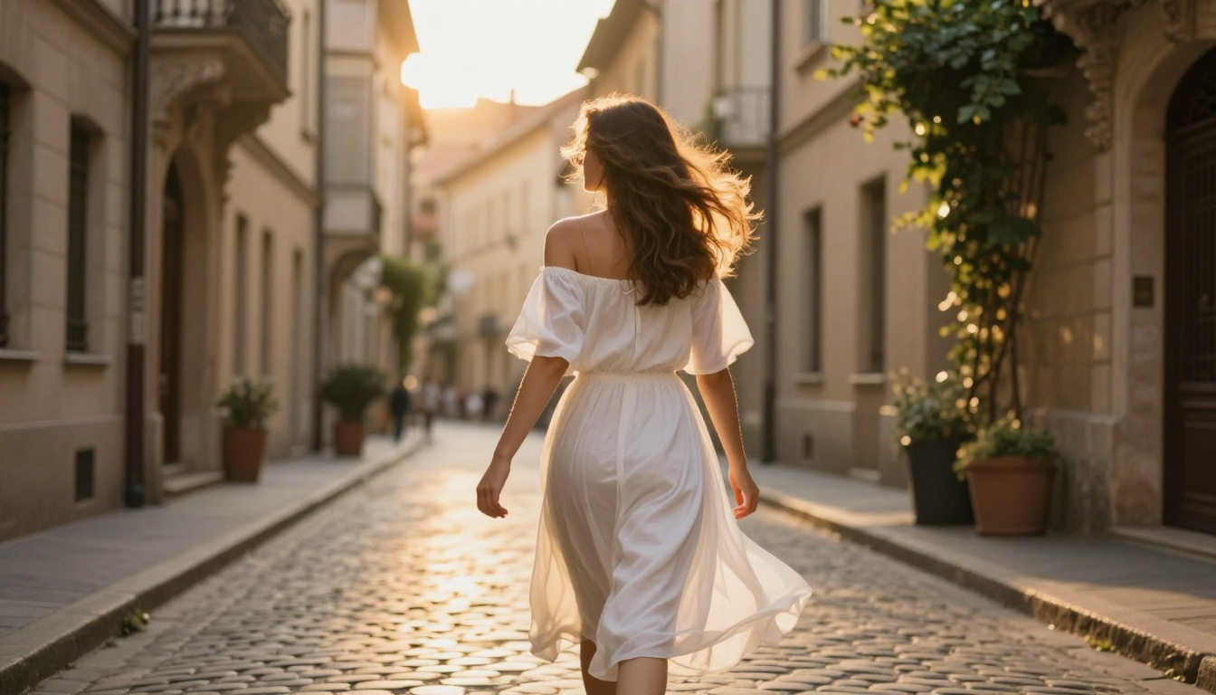 Woman in summer dress walking cobblestone European street at golden hour
