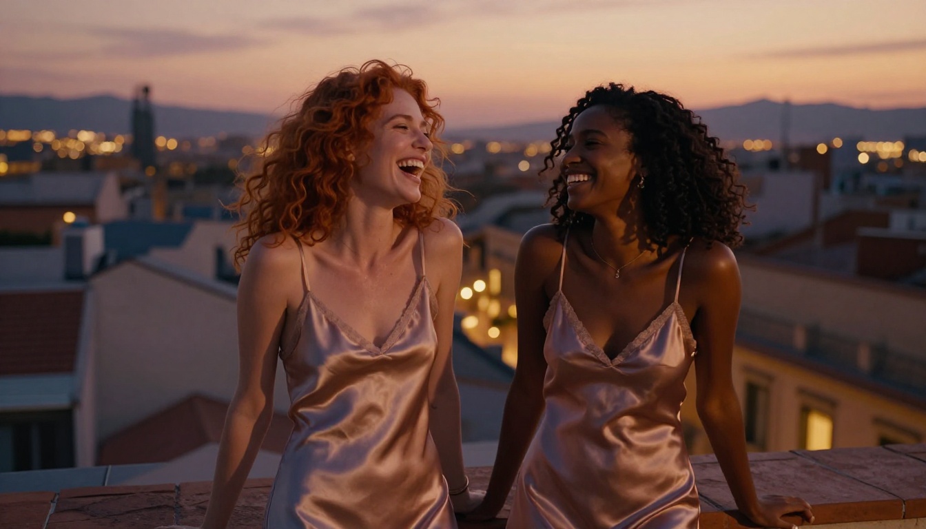 Two women in slip dresses on a Barcelona rooftop terrace at golden hour
