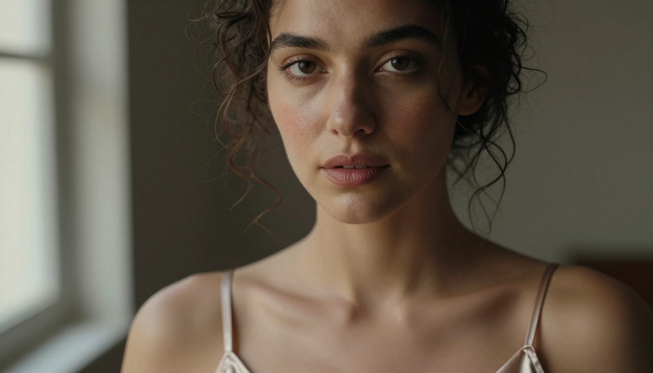 Close-up portrait of a beautiful woman in champagne satin camisole with cinematic lighting