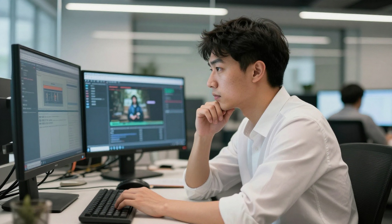 Content moderation analyst reviewing flagged AI video frames on dual monitors