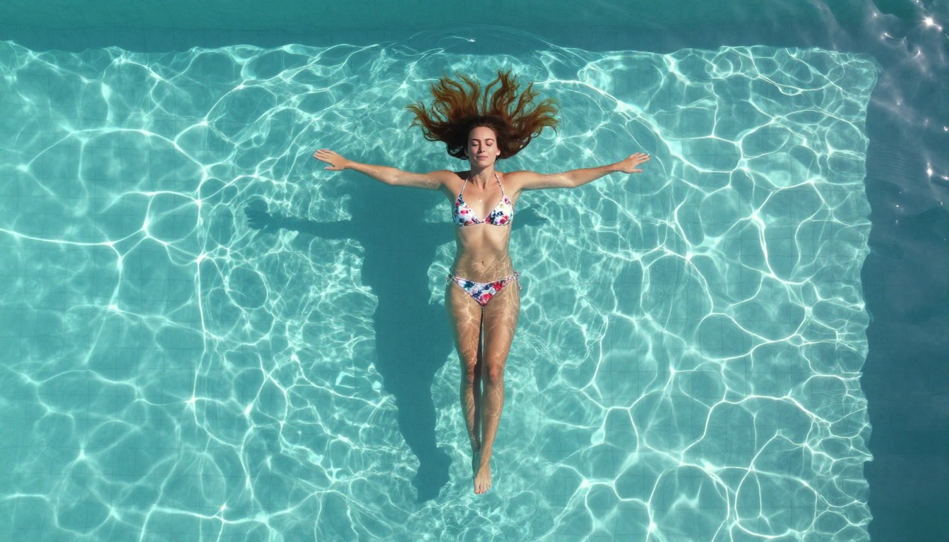 Aerial overhead view of a woman floating in an infinity pool with caramel hair fanning in water