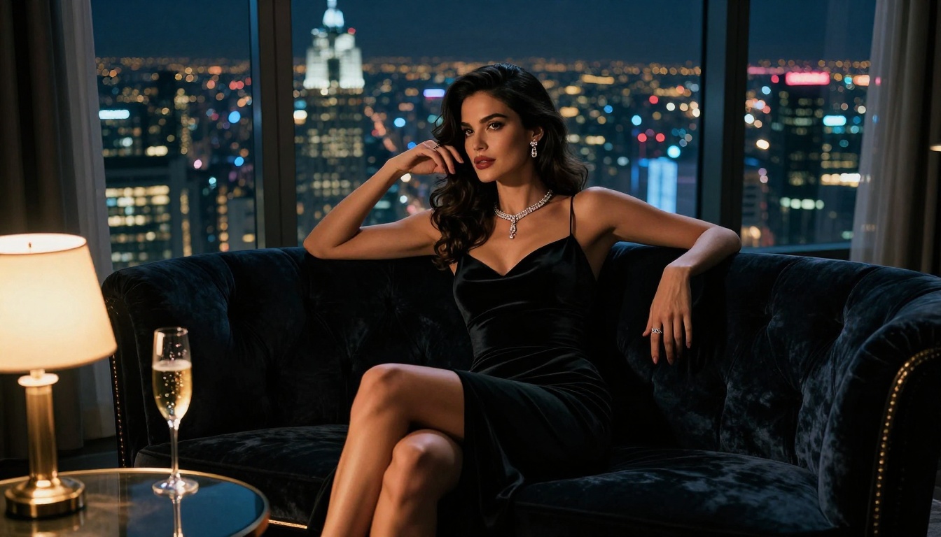 Glamorous woman in luxury penthouse showing cinematic split-lighting AI video study