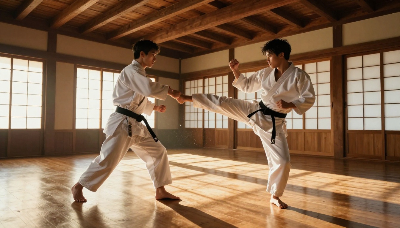 Two martial artists sparring gracefully in a traditional wooden dojo with golden sunlight