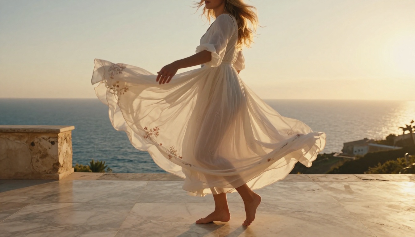 Graceful woman in flowing white maxi dress dancing on Mediterranean marble terrace at golden hour