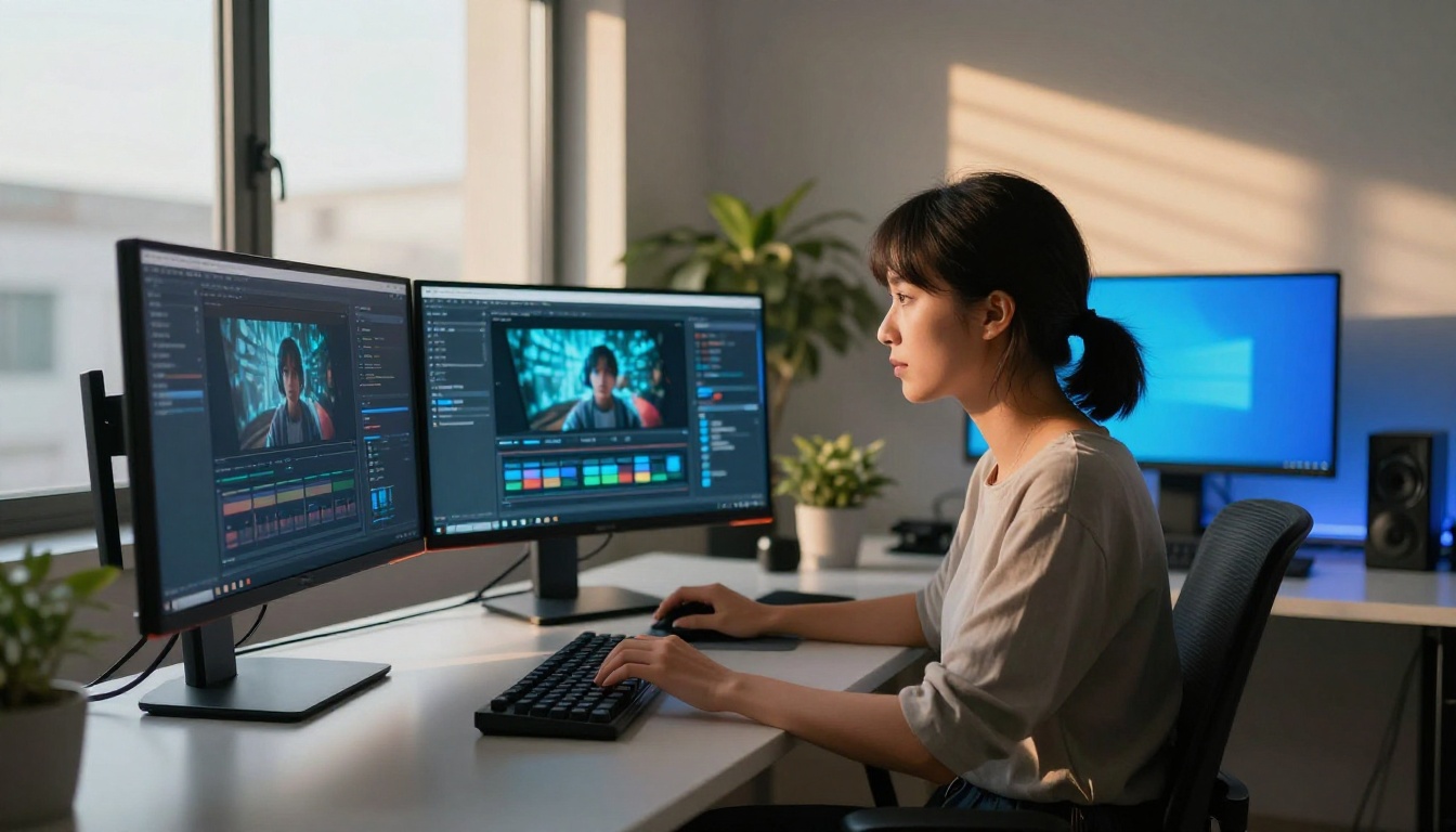 Creative professional using AI video generation interface at home studio