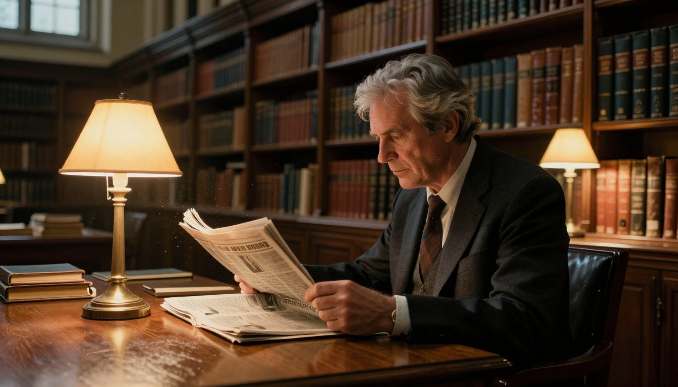Academic man reading a broadsheet newspaper in a grand university library