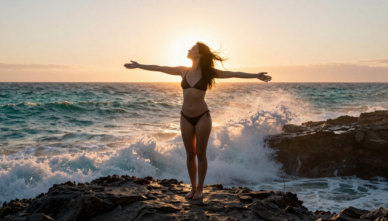 Woman at ocean cliff at sunrise showing dramatic cinematic AI video style