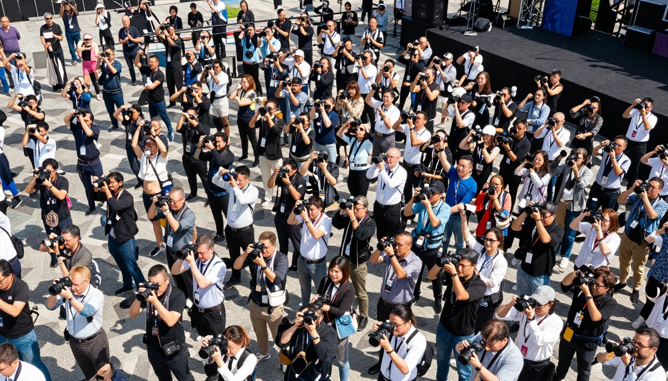 Aerial view of a crowd of diverse photographers at a public event on a city plaza