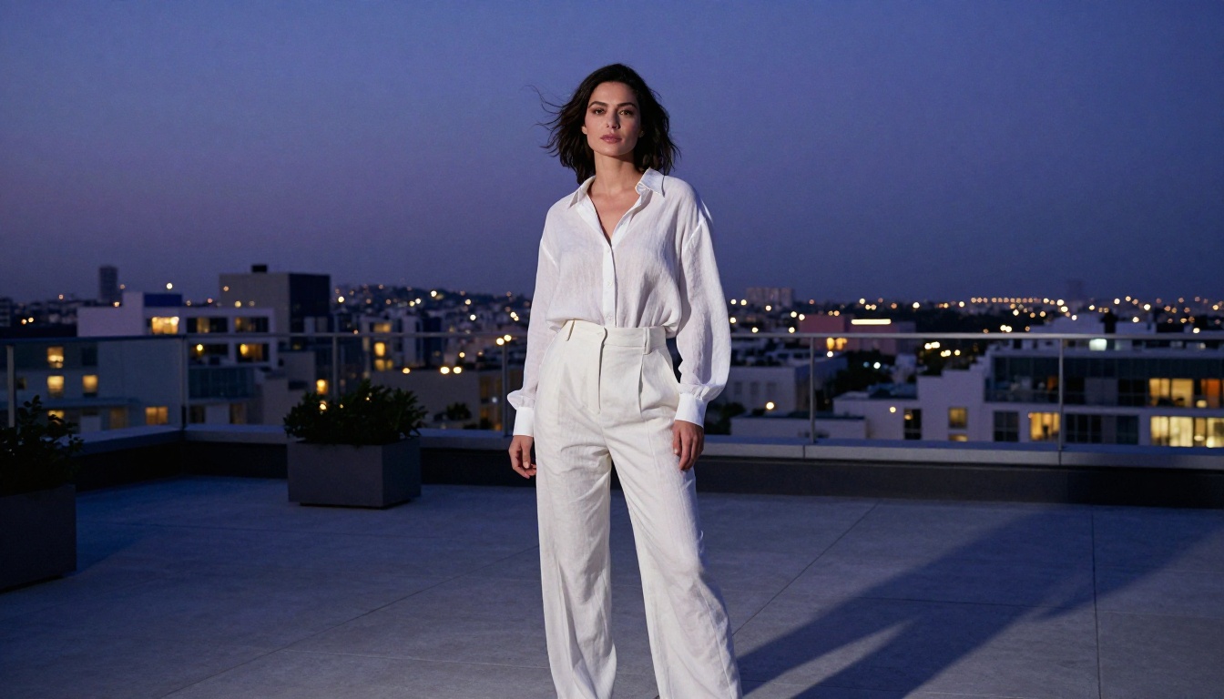 Woman on rooftop terrace overlooking the city at dusk