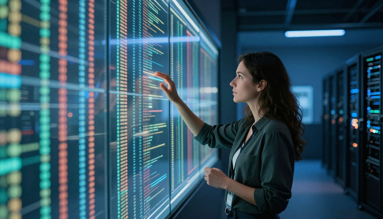 Data visualization specialist interacting with a large analytical display panel