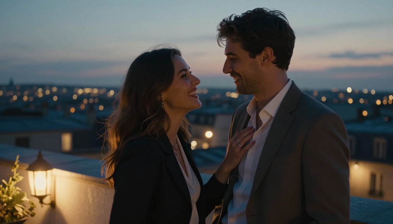 Rooftop couple portrait at blue hour showing romantic AI video scene composition